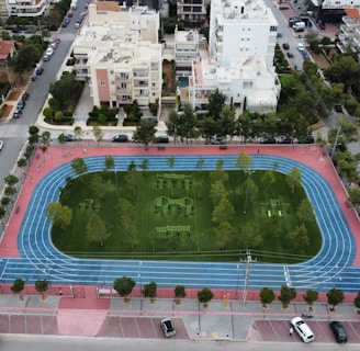 An aerial view of a sports complex featuring a blue running track surrounding a green field with workout equipment and trees. The area is bordered by residential buildings and streets with parked cars and greenery.